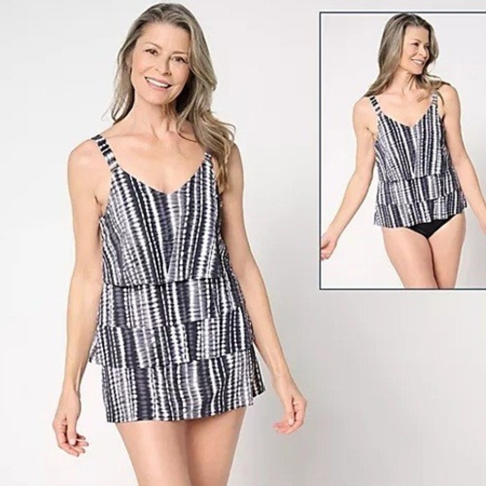 Susan Graver Soleil Sz 10 Black Shibori Tiered Tankini Skirt Brief Swim A685176
